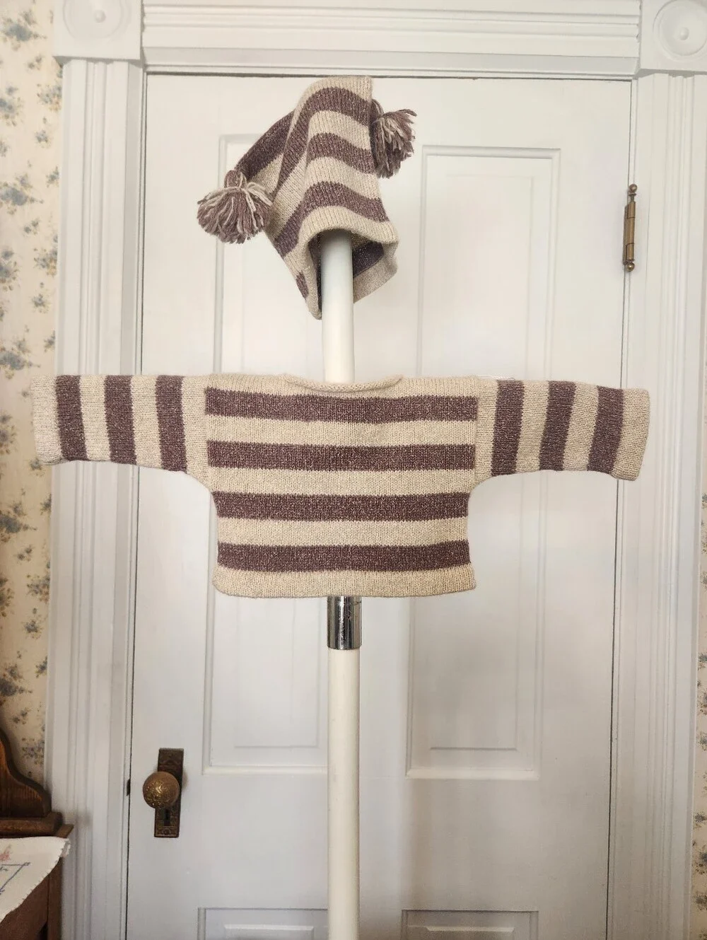 100% American Cashmere Grape Striped Baby Sweater + Square Pom Pom Hat Sz 3-6 Mo